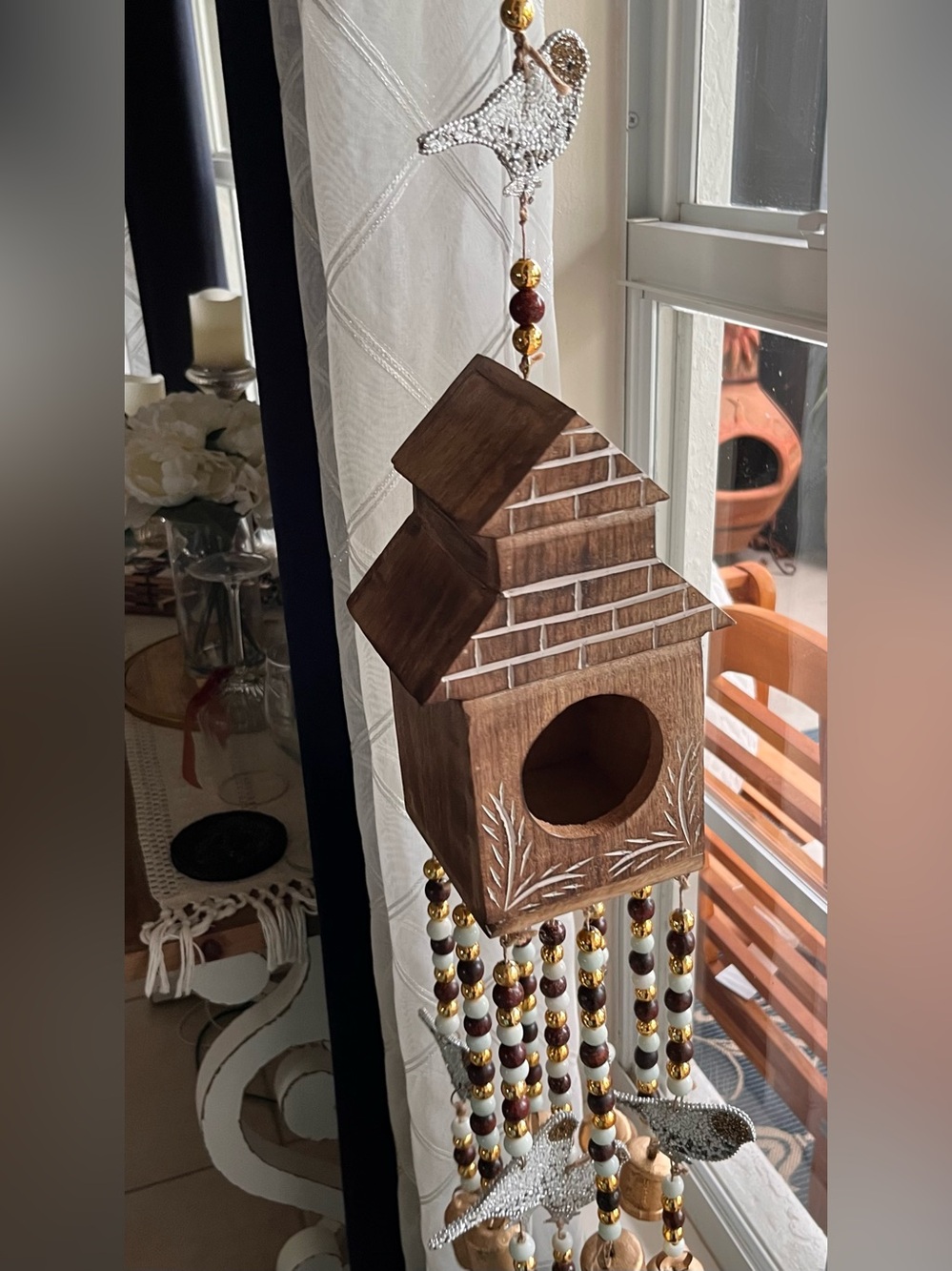 Unique Handcrafted Wood Birdhouse Wind Chime - Brown